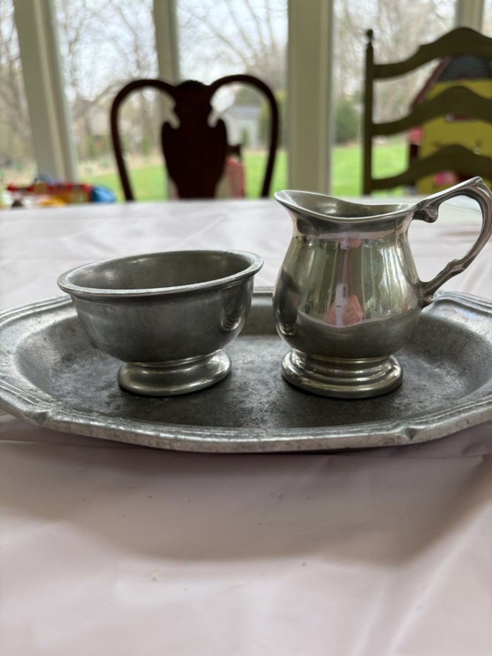 Vintage Pewter Creamer and Sugar Set with Tray - Silver Tone